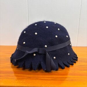 Vintage 100% Wool Kids Hat Navy‎ Blue Felt Pearl Embellished Ribbon Trimmed